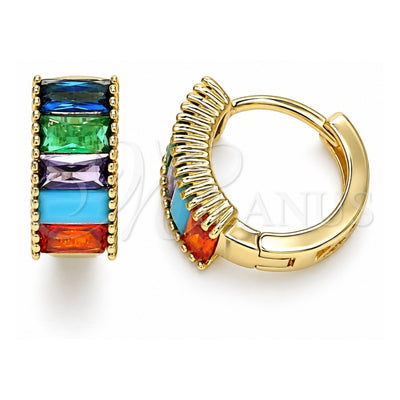 Oro Laminado Huggie Hoop, Gold Filled Style Baguette Design, with Multicolor Cubic Zirconia, Polished, Golden Finish, 02.210.0612.2.12