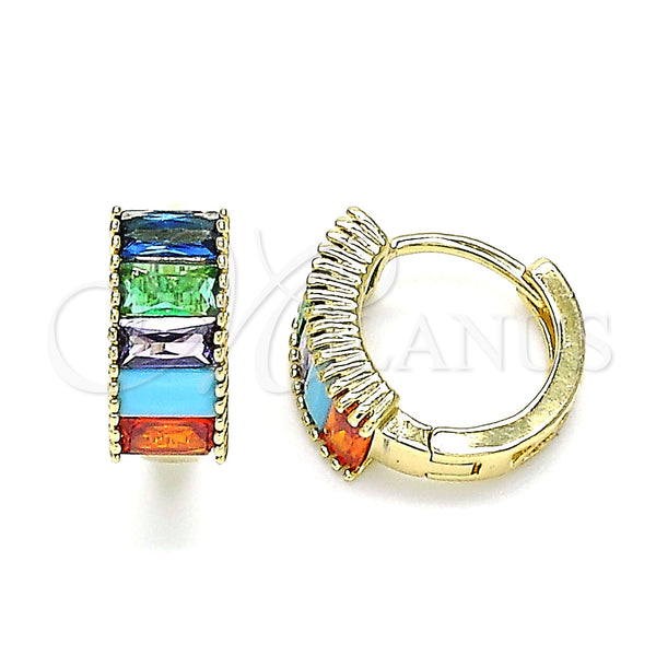 Gold Filled Hoop Earrings — Huggie Hoop Baguette Design with Multicolor Cubic Zirconia — main product view — SKU 144909 | Oro Laminado aretes de aro — Huggie Hoop Baguette diseño with Multicolor Cubic Zirconia — SKU 144909