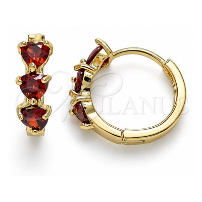 Oro Laminado Huggie Hoop, Gold Filled Style Heart Design, with Garnet Cubic Zirconia, Polished, Golden Finish, 02.210.0614.15
