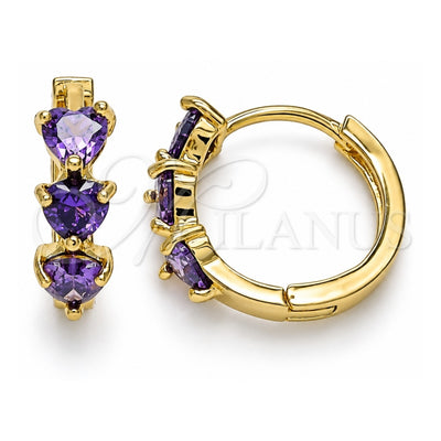Oro Laminado Huggie Hoop, Gold Filled Style Heart Design, with Amethyst Cubic Zirconia, Polished, Golden Finish, 02.210.0614.2.15