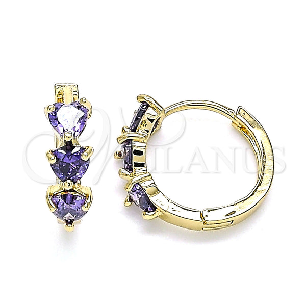Gold Filled Hoop Earrings — Huggie Hoop Heart Design with Amethyst Cubic Zirconia — main product view — SKU 144913 | Oro Laminado aretes de aro — Huggie Hoop corazón diseño with Amethyst Cubic Zirconia — SKU 144913