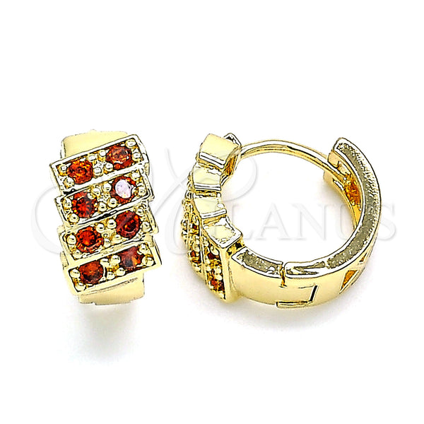 Gold Filled Hoop Earrings — Huggie Hoop with Garnet Cubic Zirconia Polished 02. — main product view — SKU 144916 | Oro Laminado aretes de aro — Huggie Hoop with Garnet Cubic Zirconia pulido 02. — SKU 144916
