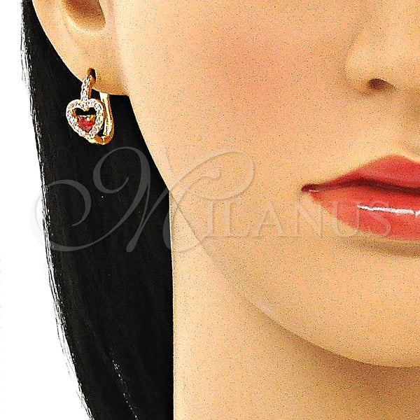 Gold Filled Hoop Earrings — Huggie Hoop Heart Design with Garnet and Pink — alternate product view — SKU 144918 | Oro Laminado aretes de aro — Huggie Hoop corazón diseño with Garnet and Pink — SKU 144918