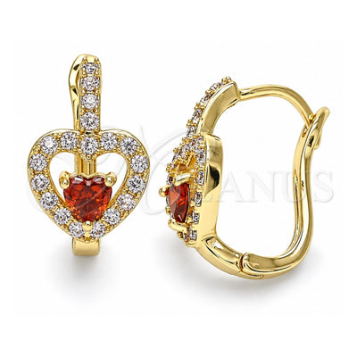 Oro Laminado Huggie Hoop, Gold Filled Style Heart Design, with Garnet and Pink Cubic Zirconia, Polished, Golden Finish, 02.210.0617.15
