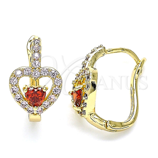 Gold Filled Hoop Earrings — Huggie Hoop Heart Design with Garnet and Pink — main product view — SKU 144918 | Oro Laminado aretes de aro — Huggie Hoop corazón diseño with Garnet and Pink — SKU 144918