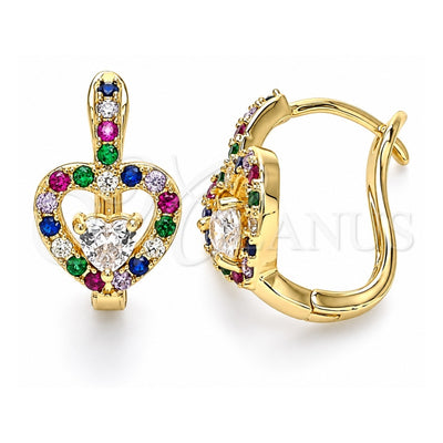 Oro Laminado Huggie Hoop, Gold Filled Style Heart Design, with Multicolor Cubic Zirconia, Polished, Golden Finish, 02.210.0617.1.15