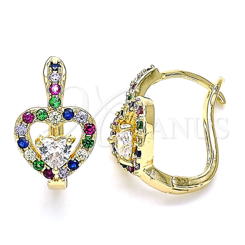 Oro Laminado Huggie Hoop, Gold Filled Style Heart Design, with Multicolor Cubic Zirconia, Polished, Golden Finish, 02.210.0617.1.15