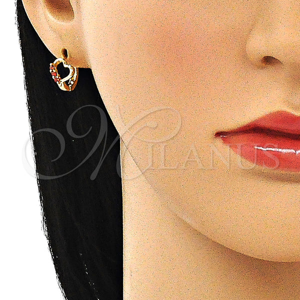 Gold Filled Hoop Earrings — Huggie Hoop Heart Design with Garnet Cubic Zirconia — alternate product view — SKU 144920 | Oro Laminado aretes de aro — Huggie Hoop corazón diseño with Garnet Cubic Zirconia — SKU 144920