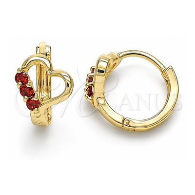 Oro Laminado Huggie Hoop, Gold Filled Style Heart Design, with Garnet Cubic Zirconia, Polished, Golden Finish, 02.210.0618.12