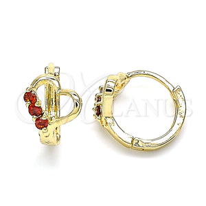 Gold Filled Hoop Earrings — Huggie Hoop Heart Design with Garnet Cubic Zirconia — main product view — SKU 144920 | Oro Laminado aretes de aro — Huggie Hoop corazón diseño with Garnet Cubic Zirconia — SKU 144920