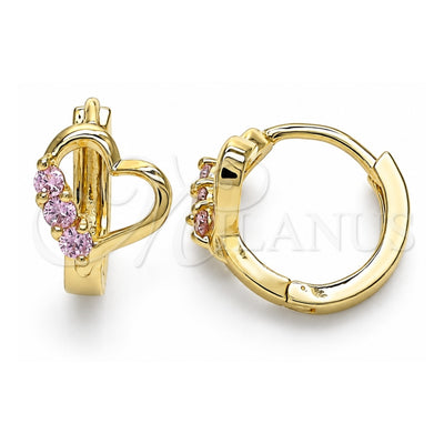 Oro Laminado Huggie Hoop, Gold Filled Style Heart Design, with Pink Cubic Zirconia, Polished, Golden Finish, 02.210.0618.1.12