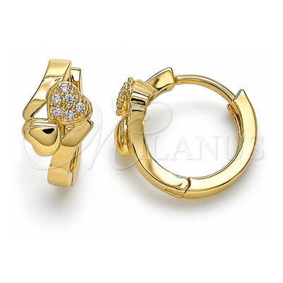 Oro Laminado Huggie Hoop, Gold Filled Style Heart Design, with White Micro Pave, Polished, Golden Finish, 02.210.0619.15