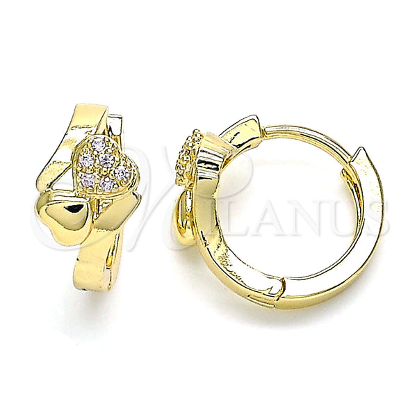 Gold Filled Hoop Earrings — Huggie Hoop Heart Design with White Micro Pave — main product view — SKU 144922 | Oro Laminado aretes de aro — Huggie Hoop corazón diseño with blanco Micro Pave — SKU 144922