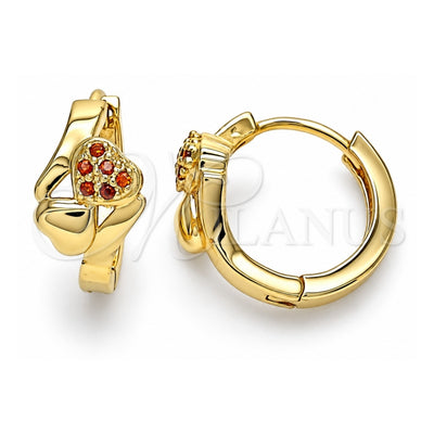Oro Laminado Huggie Hoop, Gold Filled Style Heart Design, with Garnet Micro Pave, Polished, Golden Finish, 02.210.0619.1.15