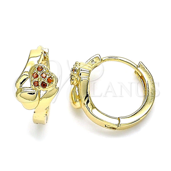 Gold Filled Hoop Earrings — Huggie Hoop Heart Design with Garnet Micro Pave — main product view — SKU 144923 | Oro Laminado aretes de aro — Huggie Hoop corazón diseño with Garnet Micro Pave — SKU 144923