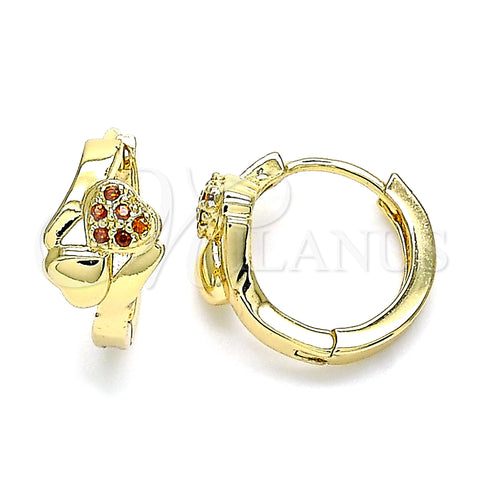 Oro Laminado Huggie Hoop, Gold Filled Style Heart Design, with Garnet Micro Pave, Polished, Golden Finish, 02.210.0619.1.15