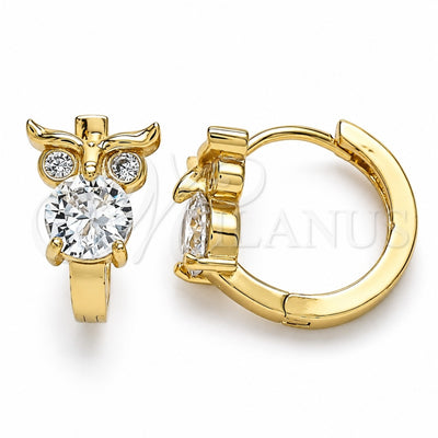 Oro Laminado Huggie Hoop, Gold Filled Style Owl Design, with White Cubic Zirconia, Polished, Golden Finish, 02.210.0620.15