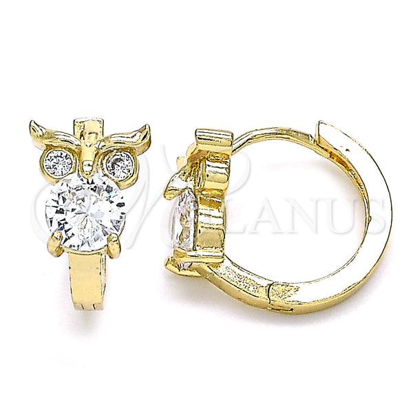 Gold Filled Hoop Earrings — Huggie Hoop Owl Design with White Cubic Zirconia — main product view — SKU 144924 | Oro Laminado aretes de aro — Huggie Hoop Owl diseño with blanco Cubic Zirconia — SKU 144924