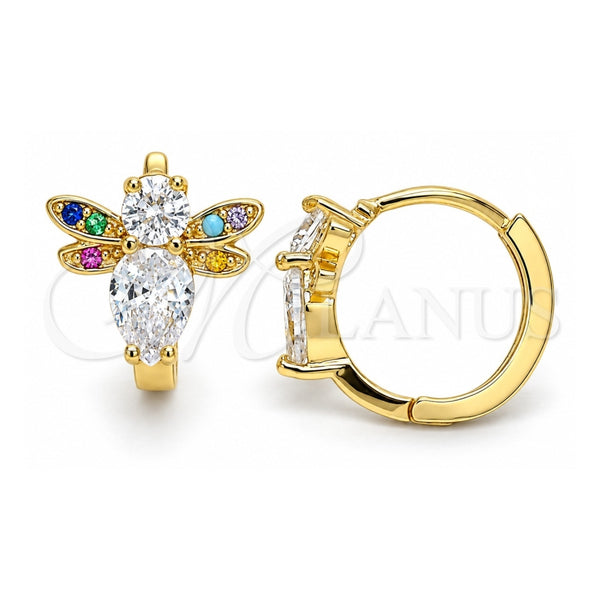 Oro Laminado Huggie Hoop, Gold Filled Style Bee Design, with White Cubic Zirconia and Multicolor Micro Pave, Polished, Golden Finish, 02.210.0622.15