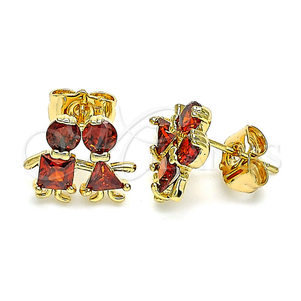 Oro Laminado Stud Earring, Gold Filled Style Little Boy and Little Girl Design, with Garnet Cubic Zirconia, Polished, Golden Finish, 02.387.0021.1