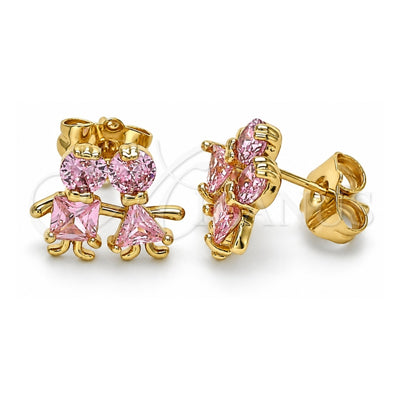 Oro Laminado Stud Earring, Gold Filled Style Little Boy and Little Girl Design, with Pink Cubic Zirconia, Polished, Golden Finish, 02.387.0021.2