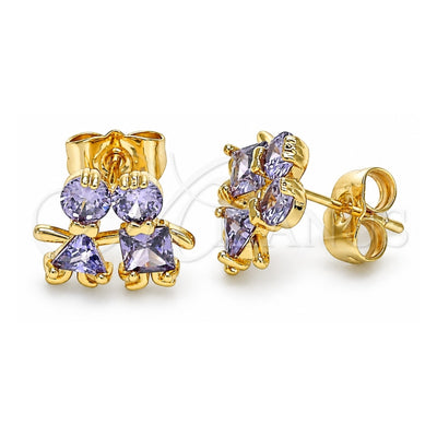 Oro Laminado Stud Earring, Gold Filled Style Little Boy and Little Girl Design, with Amethyst Cubic Zirconia, Polished, Golden Finish, 02.387.0021.3