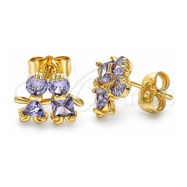 Oro Laminado Stud Earring, Gold Filled Style Little Boy and Little Girl Design, with Amethyst Cubic Zirconia, Polished, Golden Finish, 02.387.0021.3