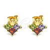 Oro Laminado Stud Earring, Gold Filled Style Crown Design, with Multicolor Cubic Zirconia, Polished, Golden Finish, 02.387.0022.1