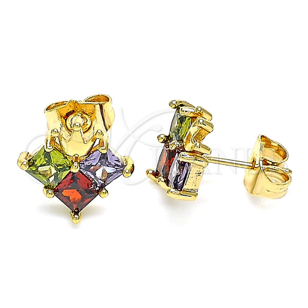 Oro Laminado Stud Earring, Gold Filled Style Crown Design, with Multicolor Cubic Zirconia, Polished, Golden for wholesale, main product view
