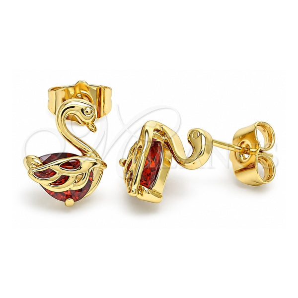 Oro Laminado Stud Earring, Gold Filled Style Swan Design, with Garnet Cubic Zirconia, Polished, Golden Finish, 02.387.0002.3