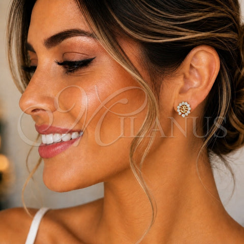 Oro Laminado Stud Earring, Gold Filled Style Peacock Design, with White Cubic Zirconia, Polished, Golden Finish, 02.387.0026