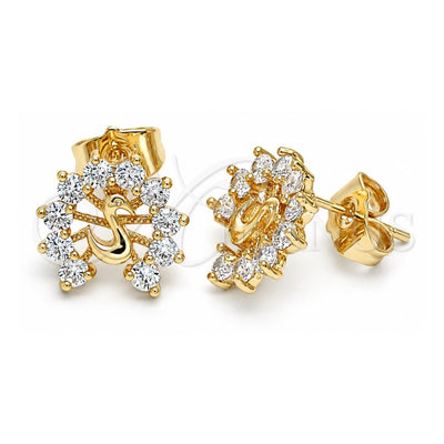 Oro Laminado Stud Earring, Gold Filled Style Peacock Design, with White Cubic Zirconia, Polished, Golden Finish, 02.387.0026