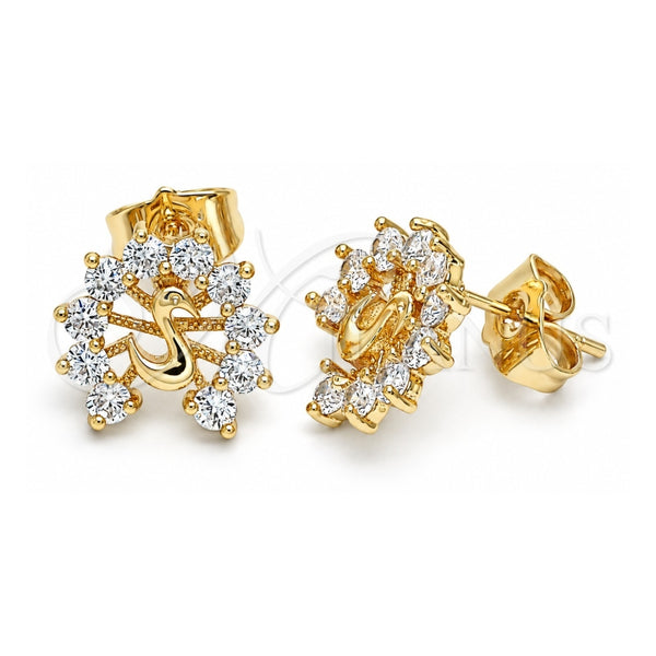 Oro Laminado Stud Earring, Gold Filled Style Peacock Design, with White Cubic Zirconia, Polished, Golden Finish, 02.387.0026