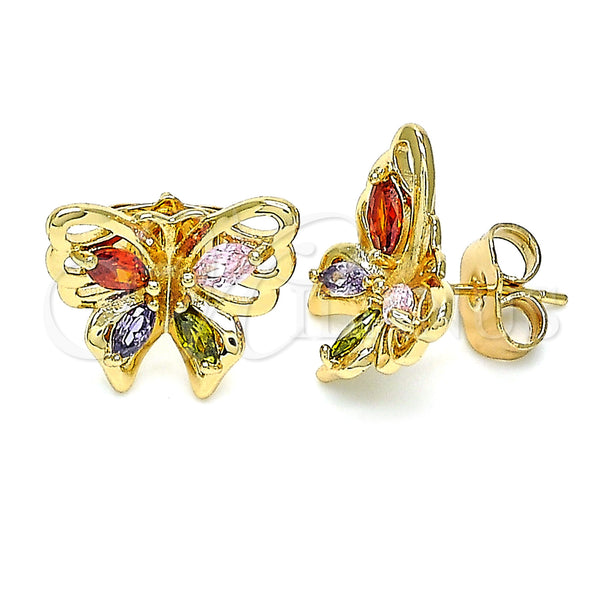 Oro Laminado Stud Earring, Gold Filled Style Butterfly Design, with Multicolor Cubic Zirconia, Polished, Golden Finish, 02.387.0028.1