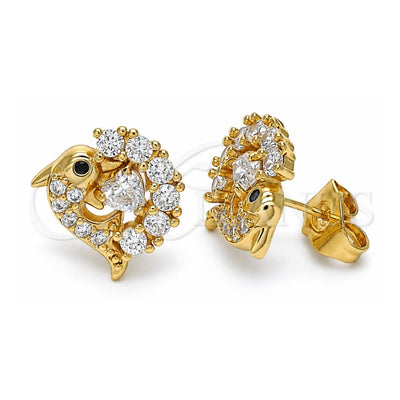 Oro Laminado Stud Earring, Gold Filled Style Dolphin and Heart Design, with White and Black Cubic Zirconia, Polished, Golden Finish, 02.387.0029
