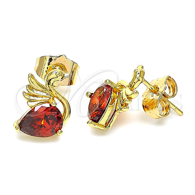 Oro Laminado Stud Earring, Gold Filled Style Swan Design, with Garnet Cubic Zirconia, Polished, Golden Finish for wholesale, main product view