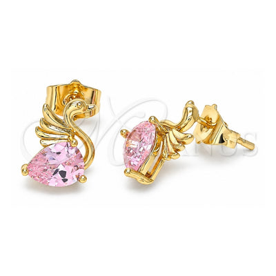 Oro Laminado Stud Earring, Gold Filled Style Swan Design, with Pink Cubic Zirconia, Polished, Golden Finish, 02.387.0031.1