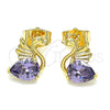 Oro Laminado Stud Earring, Gold Filled Style Swan Design, with Amethyst Cubic Zirconia, Polished, Golden Finish, 02.387.0031.2