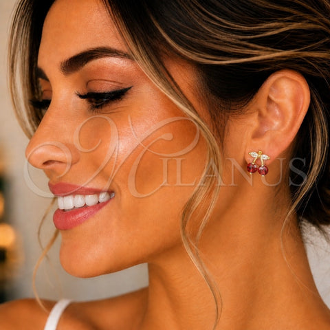 Oro Laminado Stud Earring, Gold Filled Style Cherry Design, with Garnet and White Cubic Zirconia, Polished, Golden Finish, 02.387.0032
