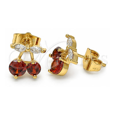 Oro Laminado Stud Earring, Gold Filled Style Cherry Design, with Garnet and White Cubic Zirconia, Polished, Golden Finish, 02.387.0032