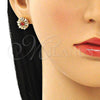 Oro Laminado Stud Earring, Gold Filled Style Flower and Baguette Design, with Garnet and White Cubic Zirconia, Polished, Golden Finish, 02.387.0033