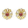 Oro Laminado Stud Earring, Gold Filled Style Flower and Baguette Design, with Garnet and White Cubic Zirconia, Polished, Golden Finish, 02.387.0033