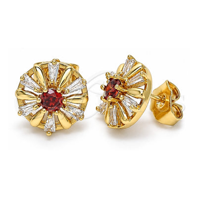 Oro Laminado Stud Earring, Gold Filled Style Flower and Baguette Design, with Garnet and White Cubic Zirconia, Polished, Golden Finish, 02.387.0033