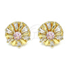 Oro Laminado Stud Earring, Gold Filled Style Flower and Baguette Design, with Pink and White Cubic Zirconia, Polished, Golden Finish, 02.387.0033.1