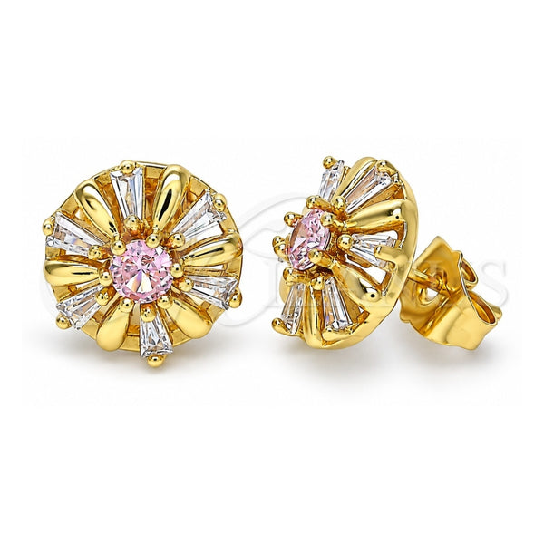 Oro Laminado Stud Earring, Gold Filled Style Flower and Baguette Design, with Pink and White Cubic Zirconia, Polished, Golden Finish, 02.387.0033.1