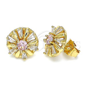 Gold Filled Ring — Stud Earring Flower and Baguette Design with Pink — main product view — SKU 144957 | Oro Laminado anillo — Stud Earring flor and Baguette diseño with Pink — SKU 144957