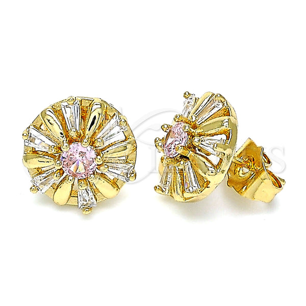 Oro Laminado Stud Earring, Gold Filled Style Flower and Baguette Design, with Pink and White Cubic Zirconia, Polished, Golden Finish, 02.387.0033.1