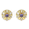 Oro Laminado Stud Earring, Gold Filled Style Flower and Baguette Design, with Amethyst and White Cubic Zirconia, Polished, Golden Finish, 02.387.0033.2