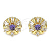 Oro Laminado Stud Earring, Gold Filled Style Flower and Baguette Design, with Amethyst and White Cubic Zirconia, Polished, Golden Finish, 02.387.0033.2
