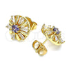 Oro Laminado Stud Earring, Gold Filled Style Flower and Baguette Design, with Amethyst and White Cubic Zirconia, Polished, Golden Finish, 02.387.0033.2